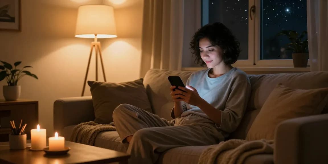 Engaging in ai sexting on a smartphone in a cozy home setting at night.