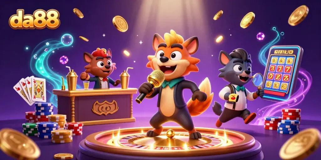 Experience da88 as a lively comedy casino scene with entertaining hyenas, sparkling gems, and playful gaming elements.