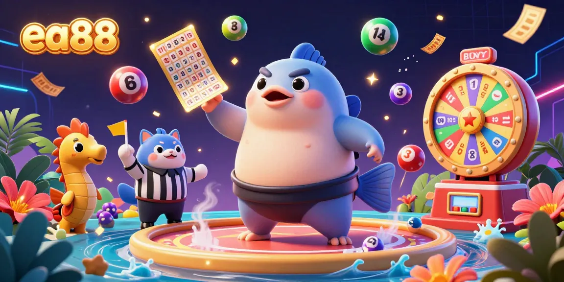 Experience the fun of ea88 with a lively underwater gambling scene featuring a sumo fugu and catfish referee.