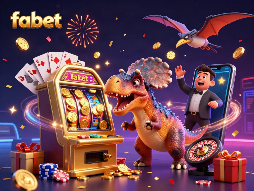 Fabet's exciting casino scene with animated dinosaurs winning jackpots and collecting coins.