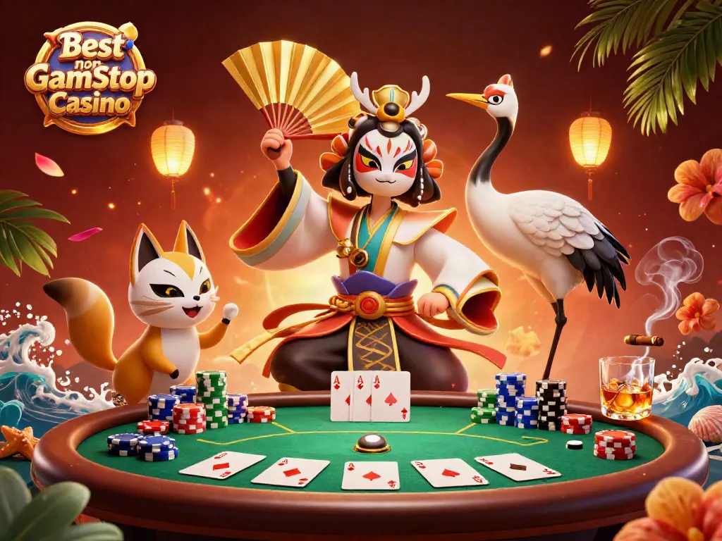 Engage in the thrill with the Best non Gamstop Casino, showcasing a kabuki warrior and vibrant gambling elements.