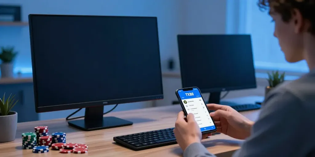Engaged user betting on TX88 platform in a dynamic home office setting.