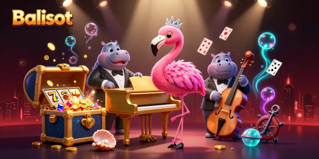 Balislot illuminates a lively casino scene with vibrant elements and characters in action.