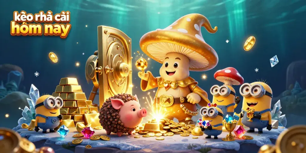 Engage with kèo nhà cái hôm nay in this dynamic scene featuring a golden mushroom wizard and treasure elements.