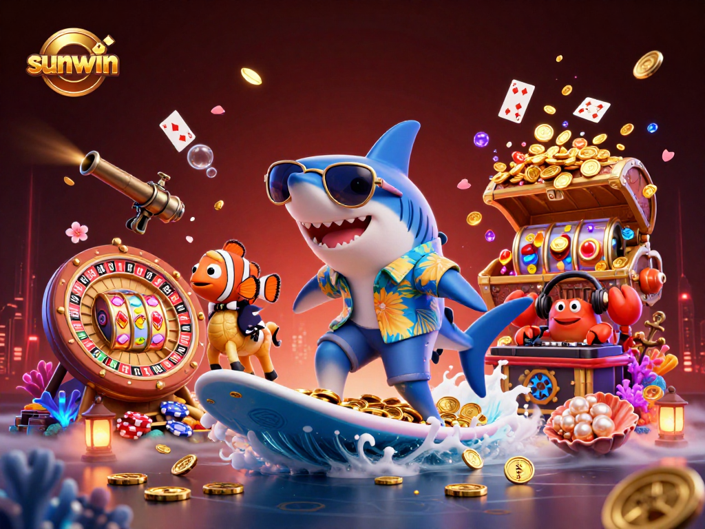 Engage with sunwin's vibrant casino world showcasing a hammer-head shark and colorful gaming elements.
