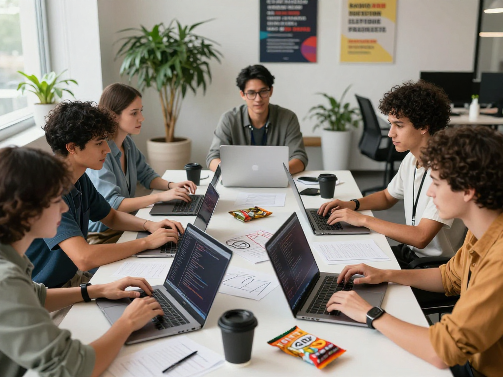 Team collaborating on spicy ai software development in a bright office