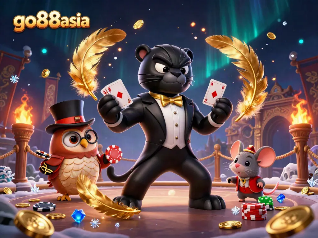 Experience thrilling gameplay at go88asia with a stylish panther dealer alongside an owl holding chips and a lucky mouse.