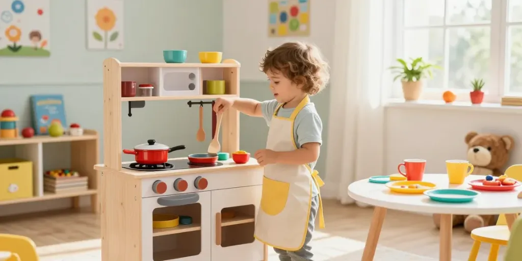 Kids kitchen with playful child cooking and vibrant toy food, joyful setting.