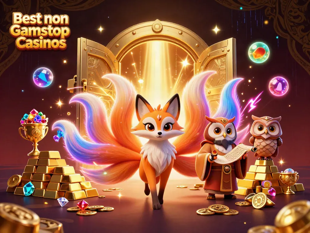Engaging scene showcasing Best non Gamstop Casinos with vibrant spirit characters, treasures, and dynamic casino elements.