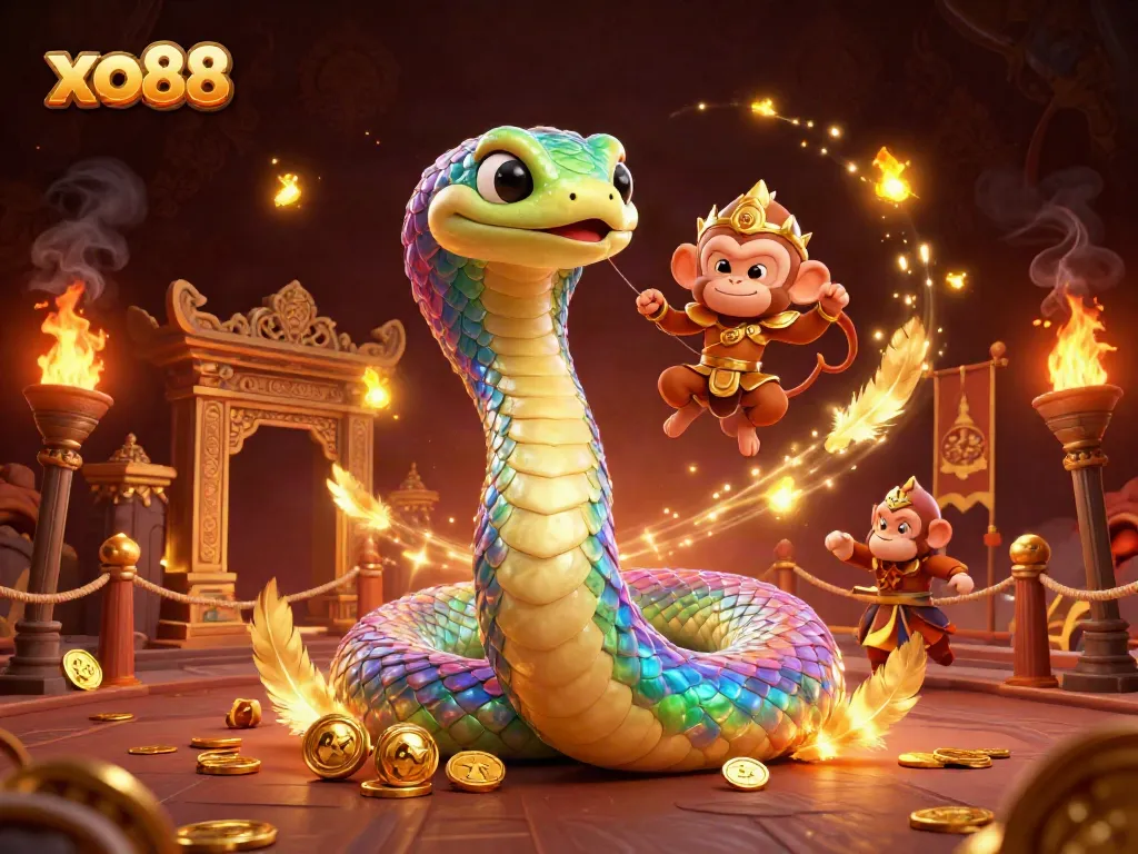 Experience vibrant gaming action with xo88, featuring a serpent and monkey king amidst colorful casino elements.
