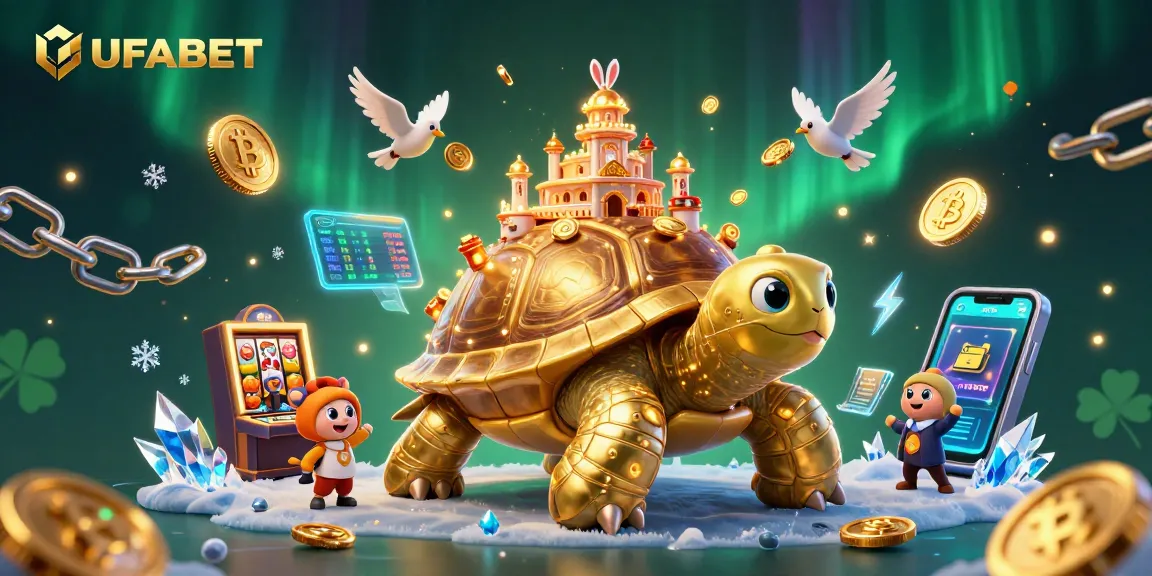 Experience the thrill of UFABET with a vibrant illustration of a golden tortoise casino and a rabbit dealer amidst glowing coins.