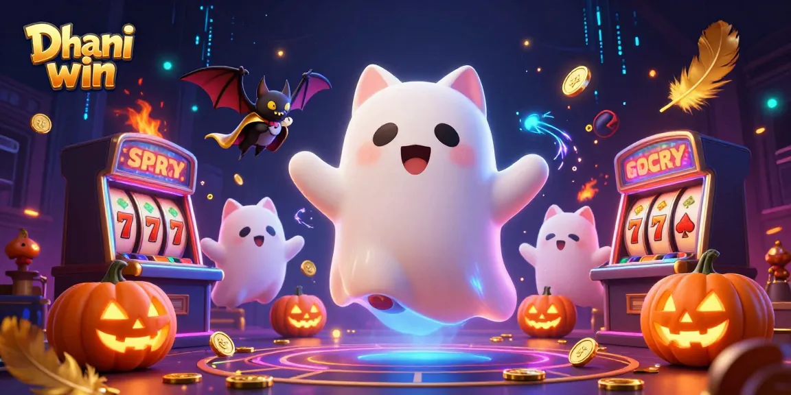 Dhani win ghost cat and bat duo playing slots in a haunted casino with glowing jack-o-lanterns.