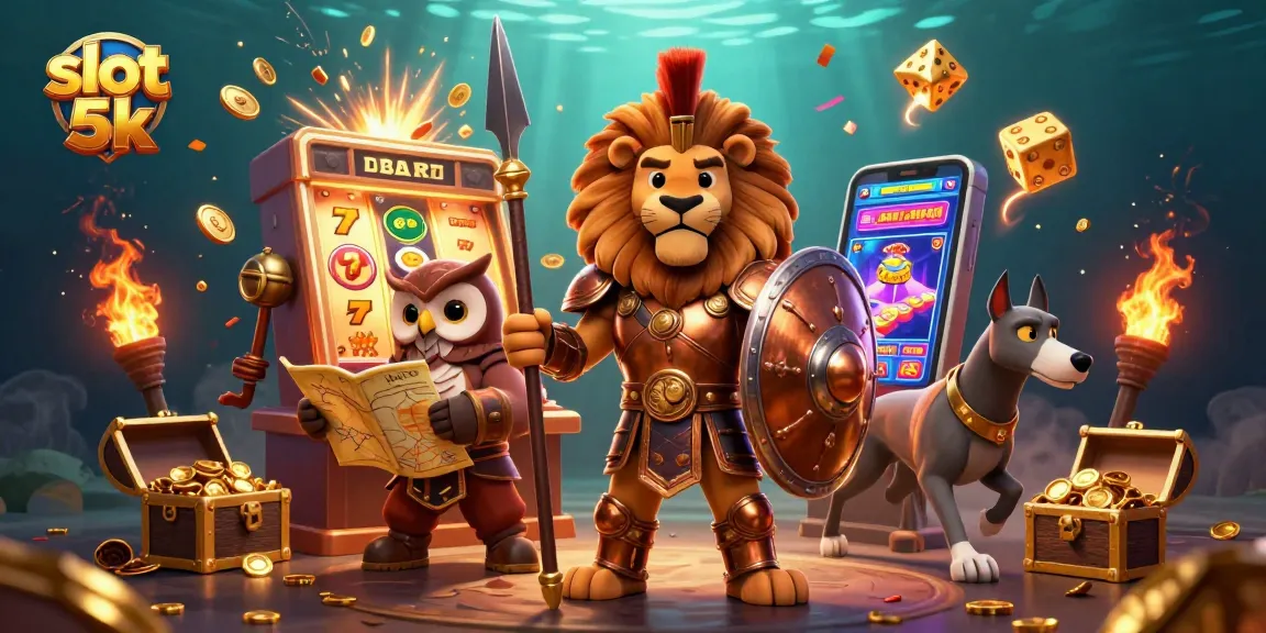 Experience thrilling gameplay on slot 5k with a vibrant 3D casino illustration featuring jackpots and character action.