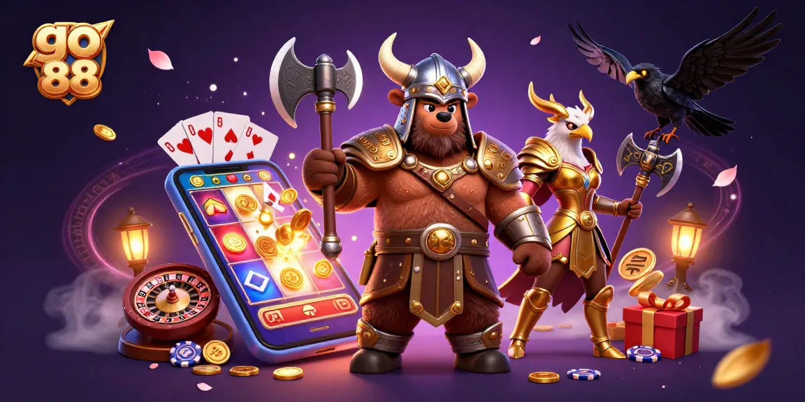 Engage with go 88 through vibrant 3D slot games and dynamic casino elements in action-packed illustration.