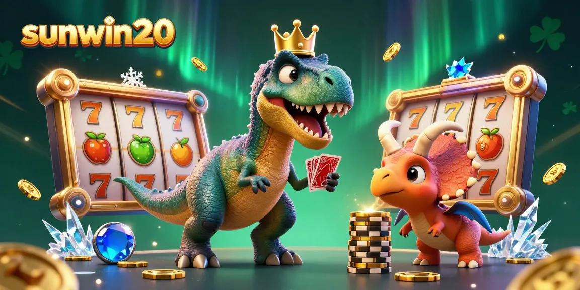 Engage with the exciting world of slots at sunwin20 featuring a T-Rex shuffling cards amid vibrant elements.