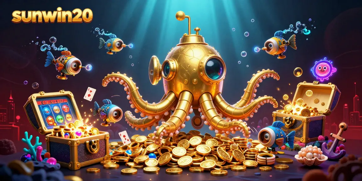 Join the excitement with sunwin20 as the golden kraken submarine surfaces amid treasures in a lively underwater casino scene.