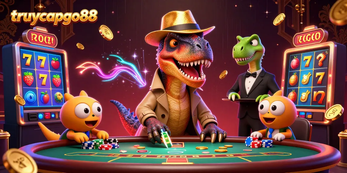 Experience the thrill of slots at truycapgo88 with a lucky velociraptor and exciting casino elements.